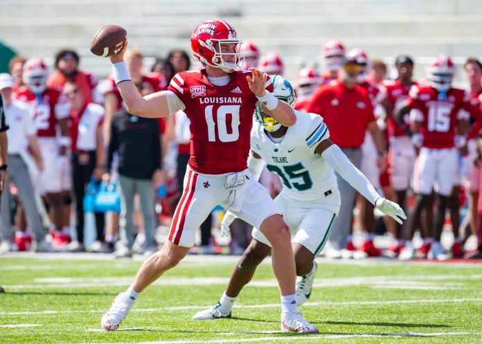 Cajuns quarterback Ben Wooldridge 10 throws a pass as the Louisiana Ragin Cajuns take on Tulane at Cajun Field. Saturday, Sept. 21, 2024.