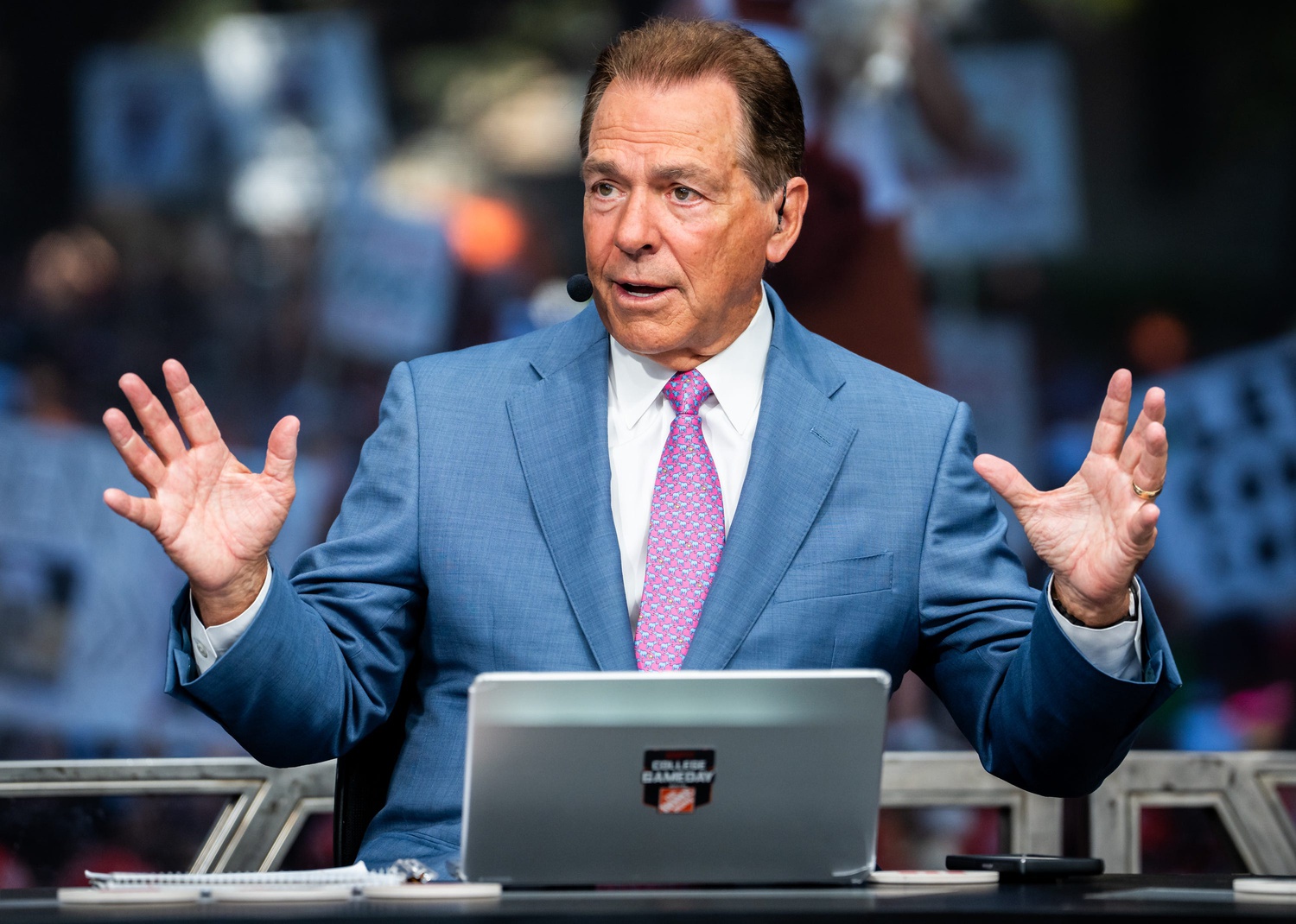 Former Alabama Football Coach and current ESPN analyst Nick Saban on the set of ESPN's College Game Day, at the University of Texas on the South Mall, ahead of the Longhorns' game against the Georgia Bulldogs in Austin, Oct. 19, 2024.