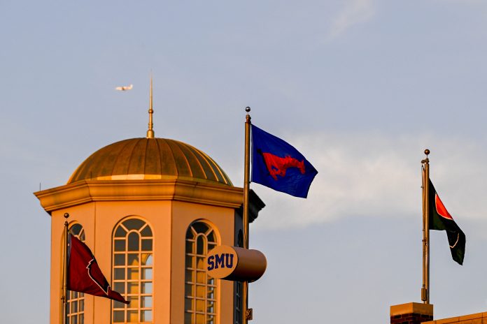 Nov 30, 2024; Dallas, Texas, USA; A view of the stadium and campus and Mustangs flag during the game between the SMU Mustangs and the California Golden Bears at Gerald J. Ford Stadium. Mandatory Credit: Jerome Miron-Imagn Images