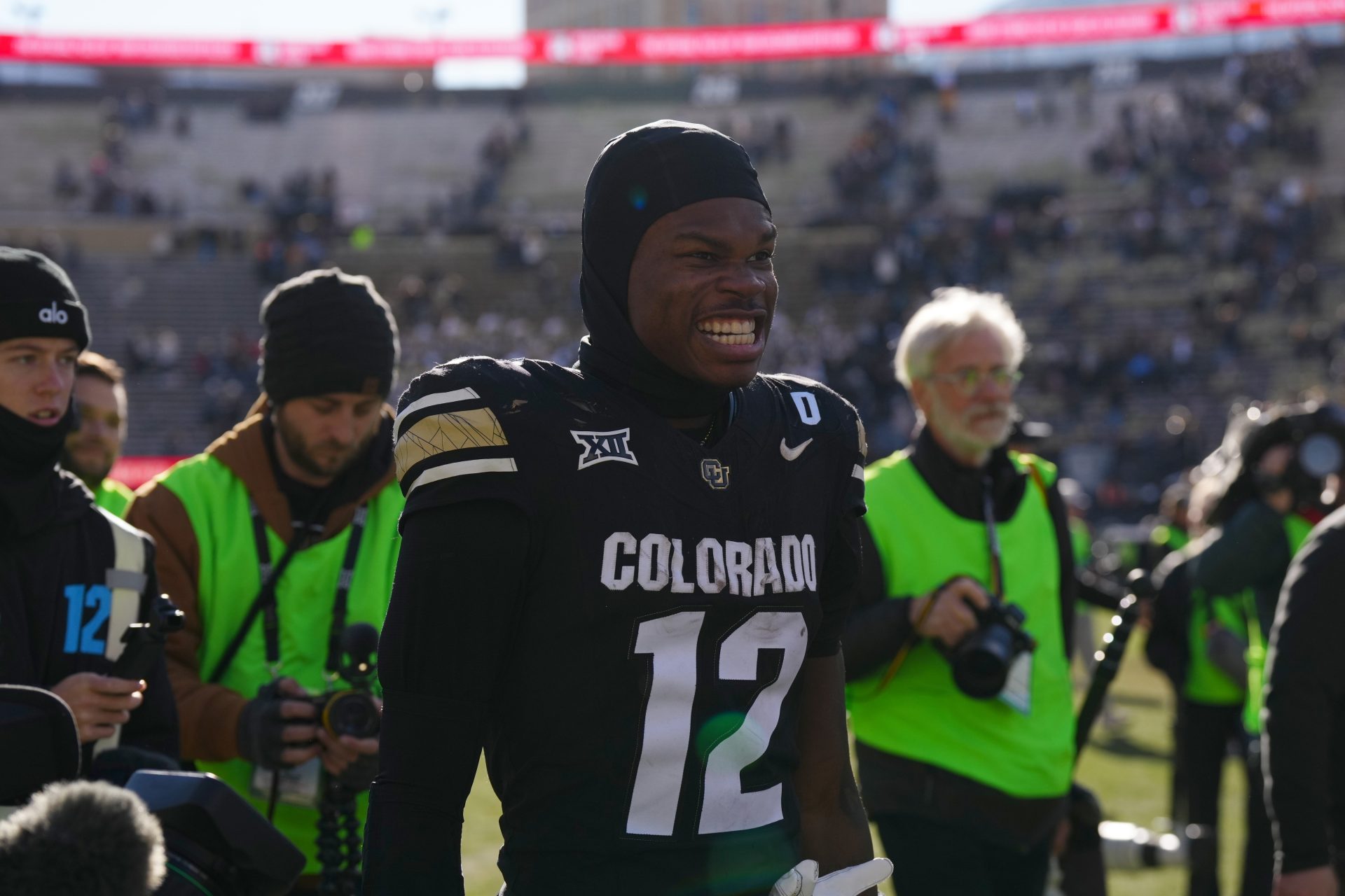 Colorado Buffaloes wide receiver Travis Hunter (12) reacts following the win against the Oklahoma State Cowboys at Folsom Field.