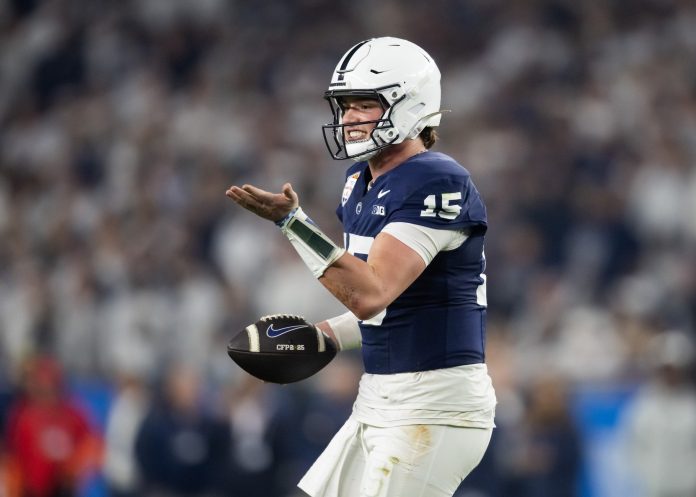 Penn State Nittany Lions quarterback Drew Allar (15) reacts against the Boise State Broncos in the Fiesta Bowl at State Farm Stadium.