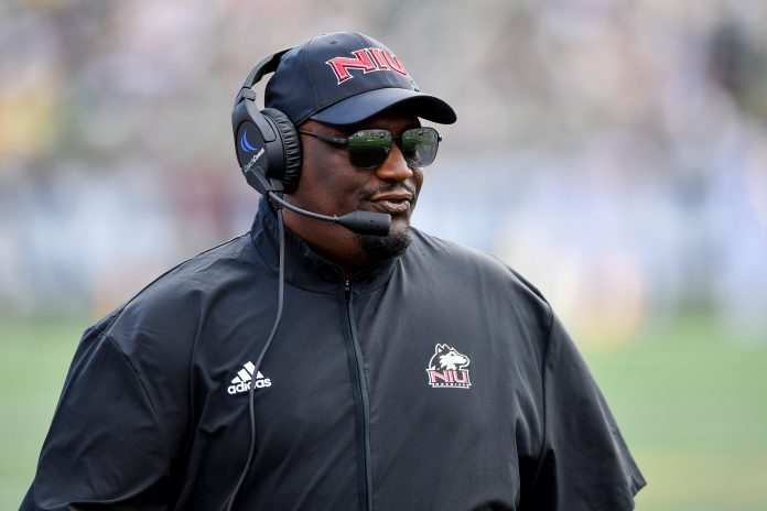 Northern Illinois Huskies head coach Thomas Hammock watches in the first quarter against the Notre Dame Fighting Irish at Notre Dame Stadium.