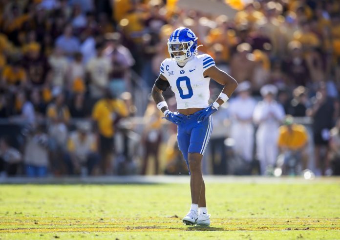 Brigham Young Cougars cornerback Jakob Robinson (0) against the Arizona State Sun Devils at Mountain America Stadium.