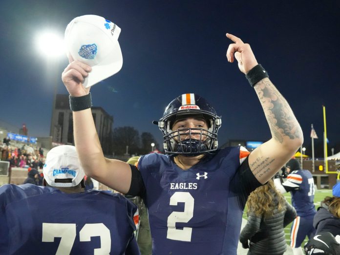 Nashville Christian's Jared Curtis (2) celebrates after the win over Columbia Academy in the TSSAA Bluecross Bowl on Thursday, Dec. 5, 2024, in Chattanooga, Tenn.