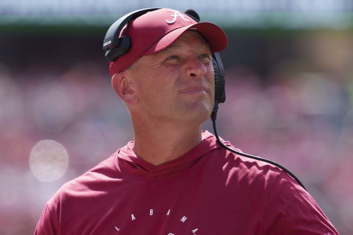 Alabama Crimson Tide head coach Kalen DeBoer looks on during the third quarter against the Wisconsin Badgers at Camp Randall Stadium.