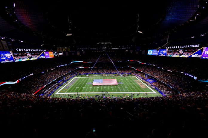 A general view during the national anthem before the 2024 Sugar Bowl college football playoff semifinal game between the Texas Longhorns and the Washington Huskies at Caesars Superdome