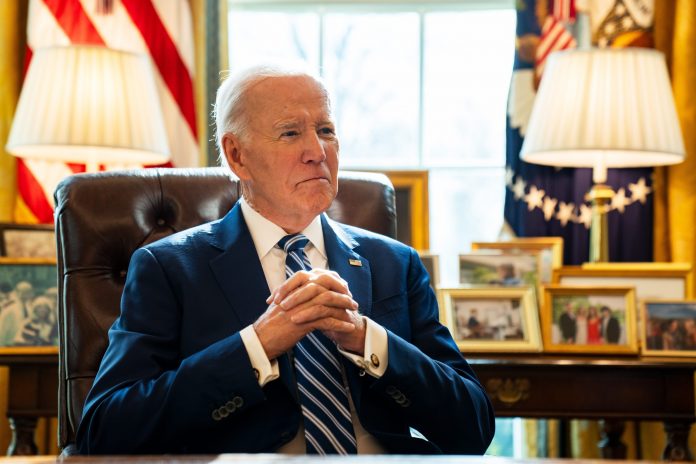 President Joe Biden is pictured at the Oval Office during an interview with USA TODAY Washington Bureau chief Susan Page.