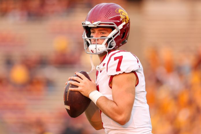 USC Trojans quarterback Miller Moss (7) warms up before the game against the Minnesota Golden Gophers at Huntington Bank Stadium.