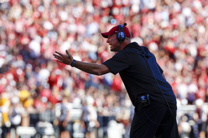 Alabama Crimson Tide head coach Kalen DeBoer reacts after a play during the first half against the Missouri Tigers at Bryant-Denny Stadium.