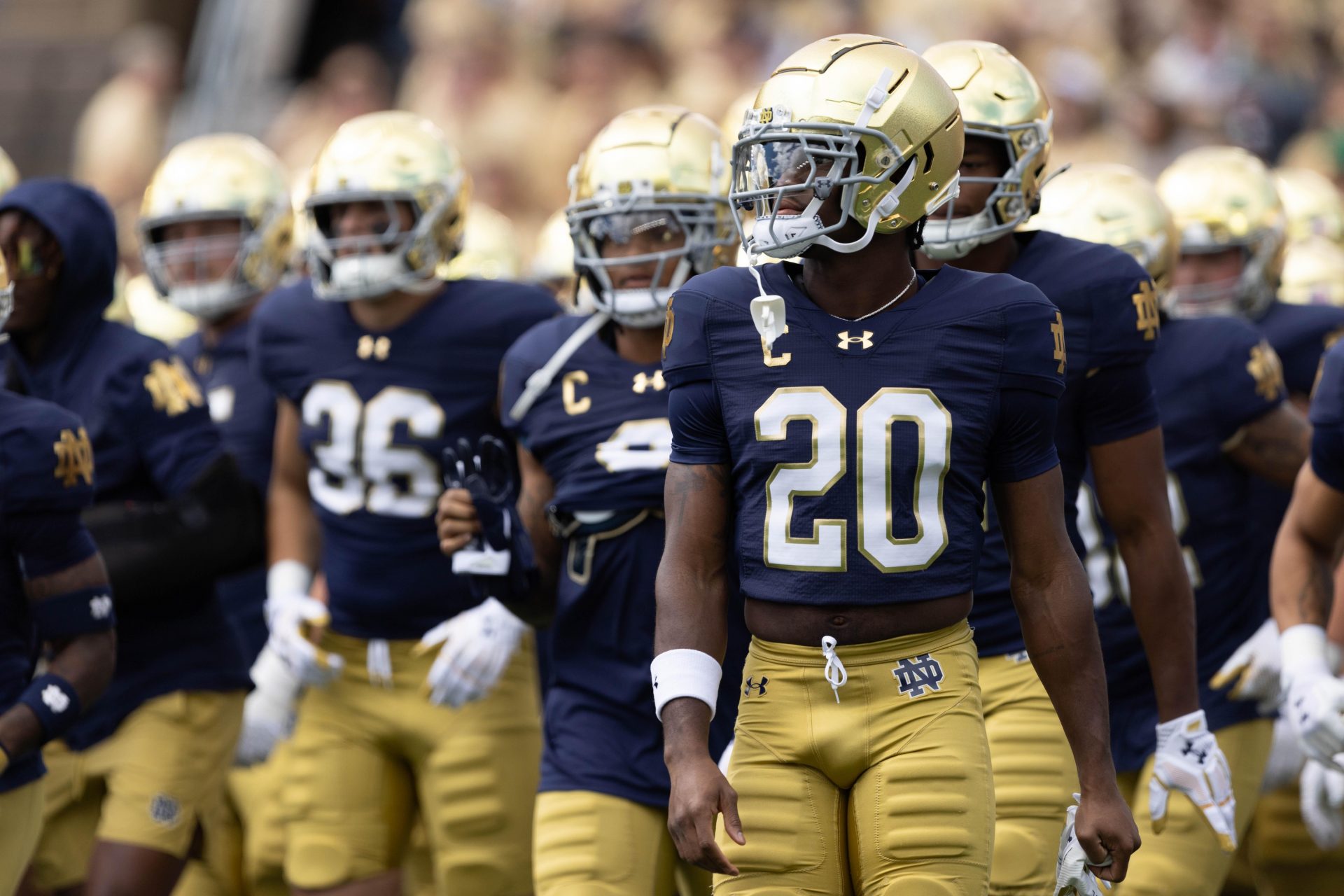 Notre Dame corner back Benjamin Morrison (20) walks with his team during warm ups before a NCAA college football game between Notre Dame and Northern Illinois at Notre Dame Stadium on Saturday, Sept. 7, 2024, in South Bend.