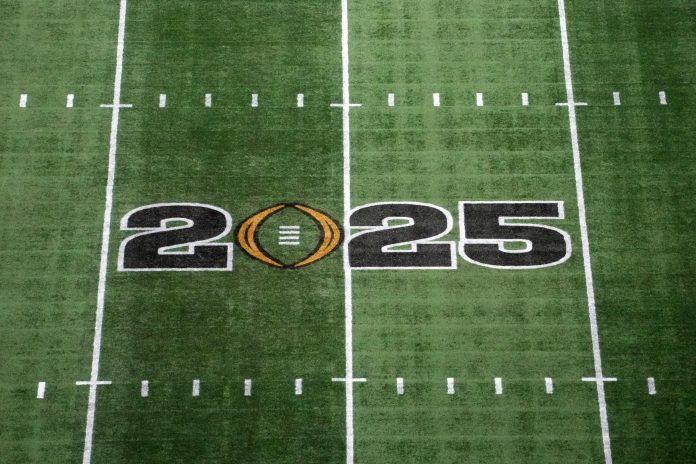 The College Football Playoff National Championship logo on the field at Mercedes-Benz Stadium, the site of the 2025 College Football Playoff National Championship between the Ohio State Buckeyes and the Notre Dame Fighting Irish.