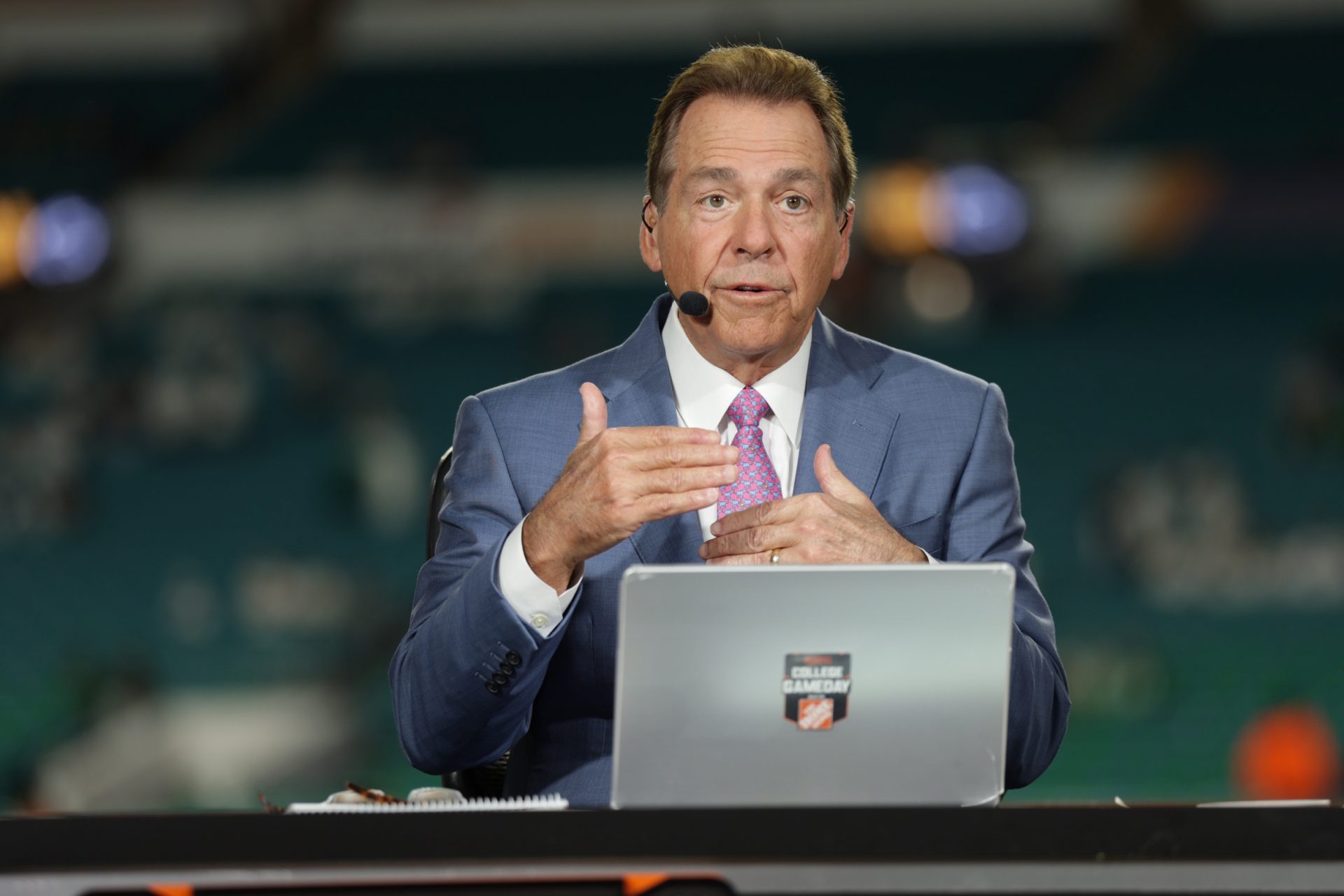 ESPN analyst Nick Saban before the game between the Notre Dame Fighting Irish and the Penn State Nittany Lions in the Orange Bowl at Hard Rock Stadium.