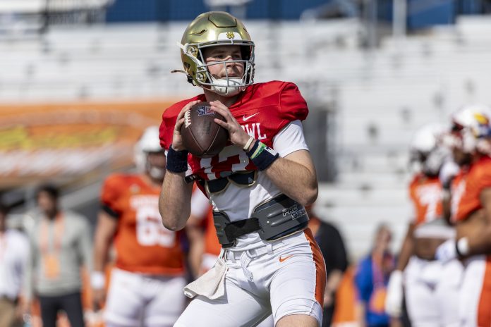 American team quarterback Riley Leonard of Notre Dame (13) warms up during Senior Bowl practice for the National team at Hancock Whitney Stadium.