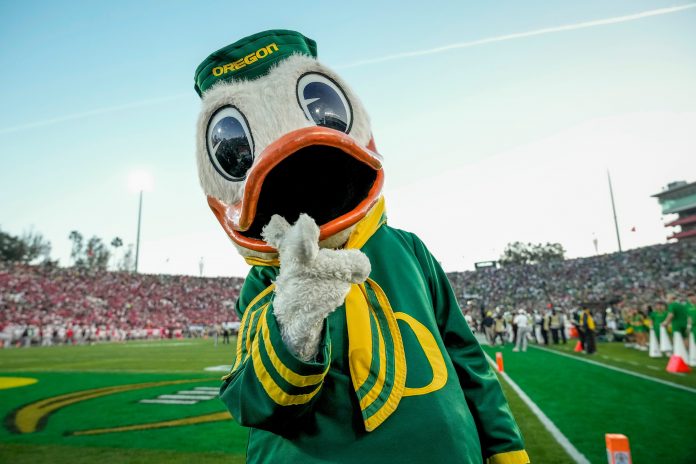 The Oregon Ducks mascot walks the sideline during the College Football Playoff quarterfinal against the Ohio State Buckeyes at the Rose Bowl in Pasadena, Calif. on Jan. 1, 2025. Ohio State won 41-21.