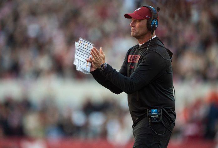 Alabama Crimson Tide head coach Kalen DeBoer encourages his team as Auburn Tigers take on Alabama Crimson Tide at Bryant-Denny Stadium in Tuscaloosa, Ala., on Saturday, Nov. 30, 2024. Alabama Crimson Tide defeated Auburn Tigers 28-14.