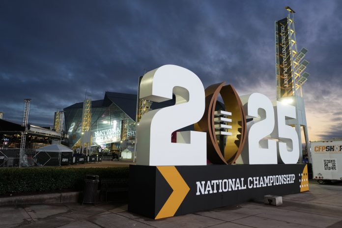 A general overall view of the 2025 College Football Playoff National Championship logo at Mercedez-Benz Stadium.