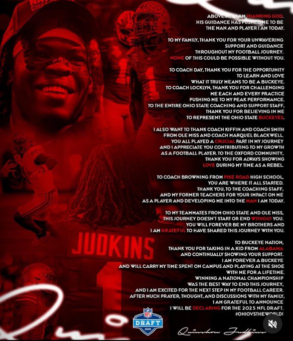 Quinshon Judkins shared a heartfelt thank you to Ohio State head coach Ryan Day in his emotional NFL Draft announcement.