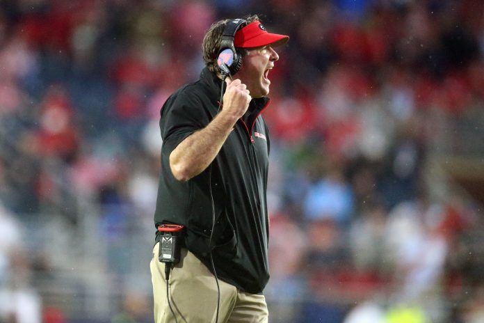 Georgia Bulldogs head coach Kirby Smart reacts during the second half against the Mississippi Rebels at Vaught-Hemingway Stadium.