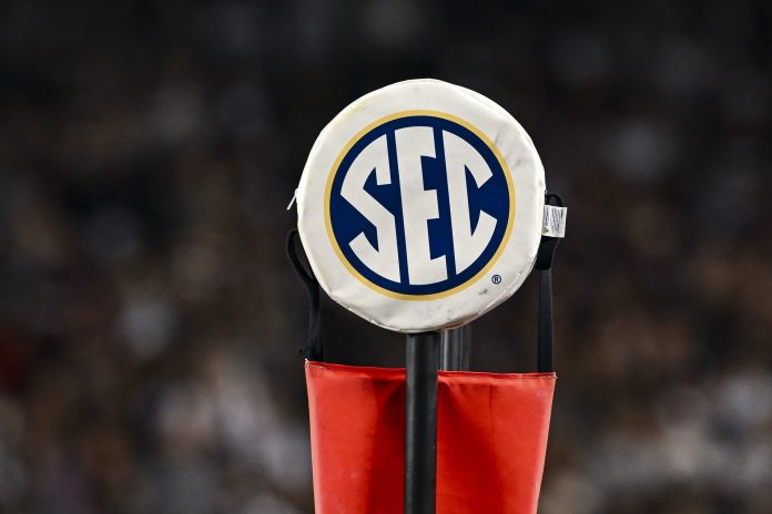 A detail view of the SEC logo on a chain marker during the game between the Texas A&M Aggies and the New Mexico State Aggies at Kyle Field.