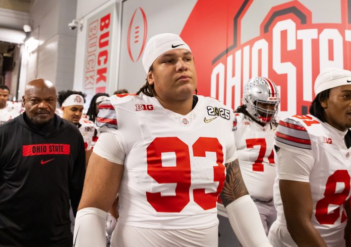 Ohio State Buckeyes defensive tackle Hero Kanu (93) against the Notre Dame Fighting Irish during the CFP National Championship college football game at Mercedes-Benz Stadium.