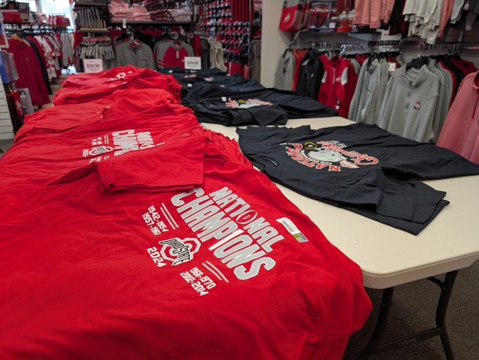 T-shirts commemorating Ohio State University's national championship were available immediately after the game Monday night at Rally House stores, including this one on Lane Avenue on campus.