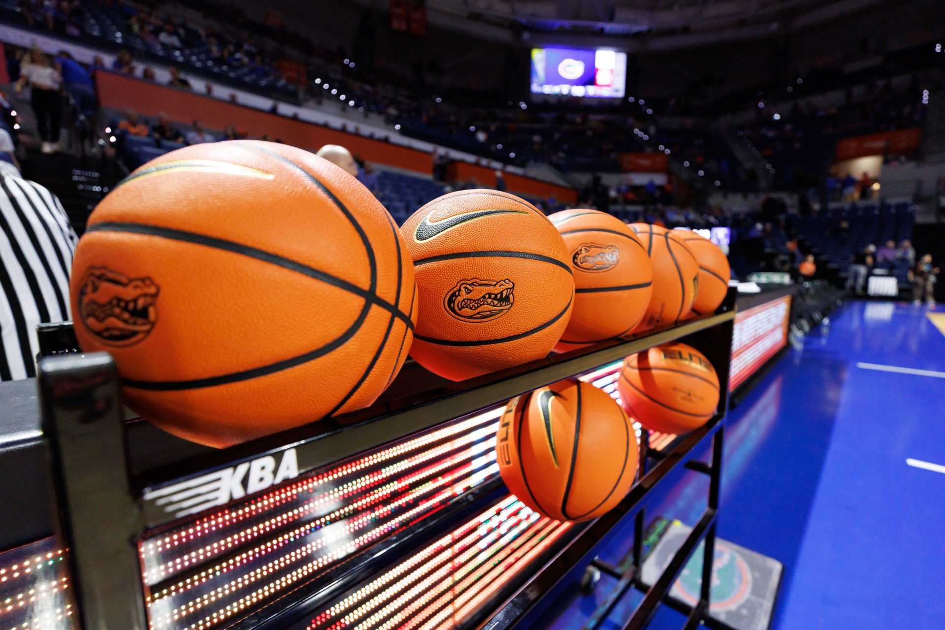 A Nike basketball with a Florida Gators logo sits on the rack with other basketballs before a game against the Stetson Hatters at Exactech Arena at the Stephen C. O'Connell Center.