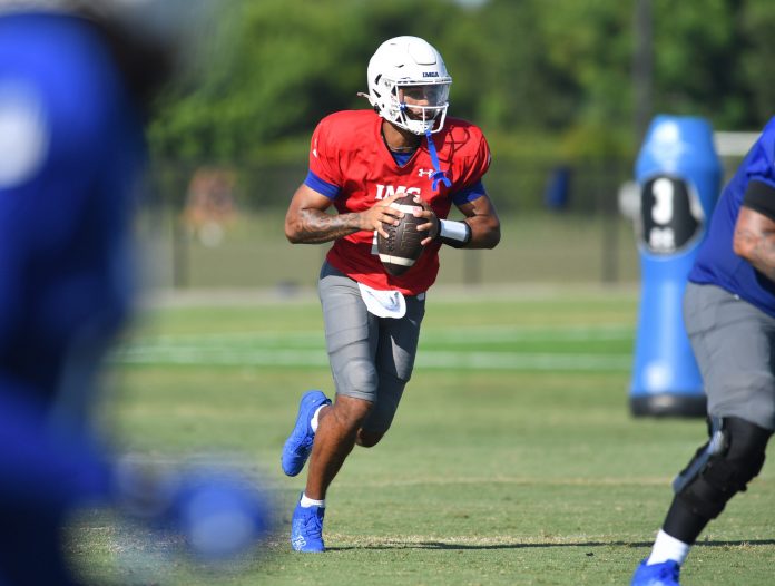 Quarterback Ty Hawkins (#2) during practice on Friday, Aug. 2, 2024 on IMG Academy Football Media Day in Bradenton, Florida.