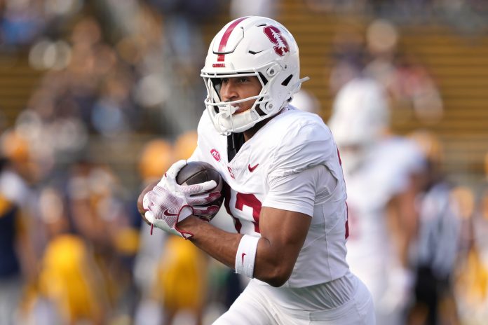 Stanford Cardinal wide receiver Elic Ayomanor (13) warms up before the game against the California Golden Bears at California Memorial Stadium.