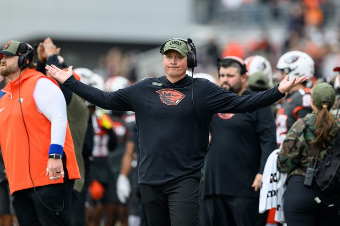 Oregon State Beavers head coach Trent Bray reacts to a no-call on a pass play during the third quarter against the San Jose State Spartans at Reser Stadium.