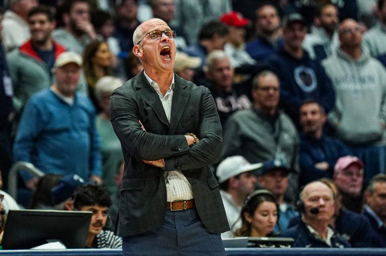 UConn Huskies head coach Dan Hurley watches from the sideline as they take on the Butler Bulldogs at Harry A. Gampel Pavilion.