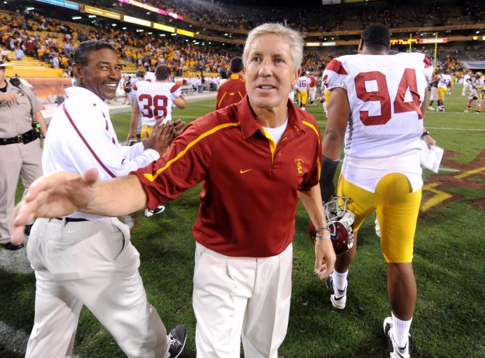 Southern California Trojans coach Pete Carroll reacts after the game against the Arizona State Sun Devils at Sun Devil Stadium. USC defeated Arizona State 14-9.