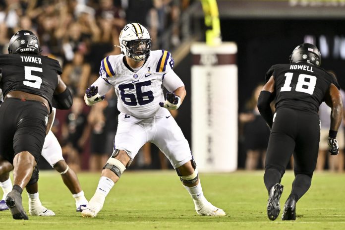 LSU Tigers offensive tackle Will Campbell (66) in action during the second half against the Texas A&M Aggies. The Aggies defeated the Tigers 38-23; at Kyle Field.