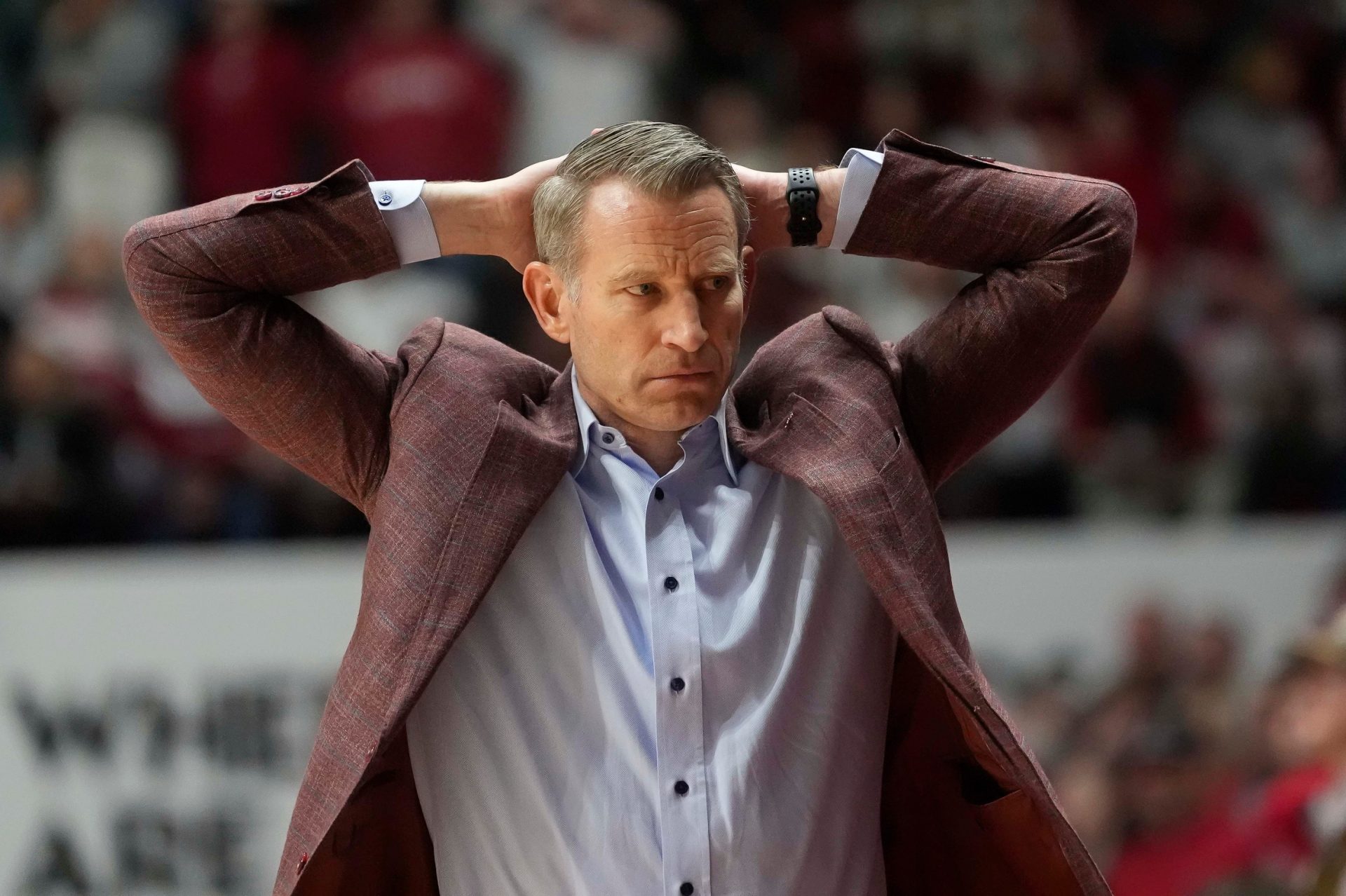 Alabama head coach Nate Oats reacts after an Alabama player was called for a foul on a missed three point shot by LSU at Coleman Coliseum. Alabama defeated LSU 80-73.