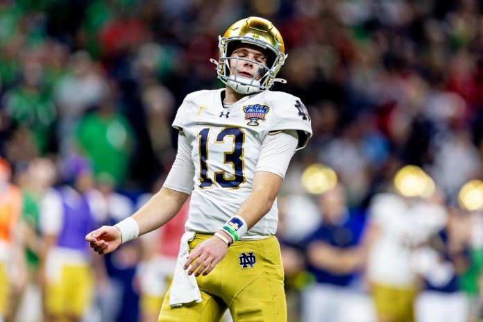 College football analyst Joel Klatt discussed Riley Leonard's struggles against pressure this year ahead of the CFP National Championship game.