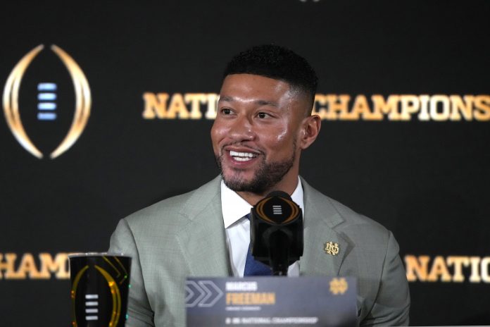 Brian Urlacher praised Marcus Freeman’s leadership as Notre Dame plays Ohio State in the CFP final and Freeman hopes to beat Ryan Day for the first time.