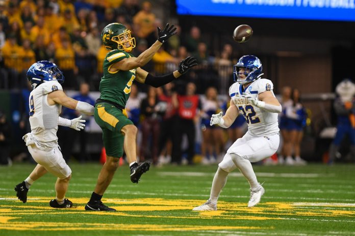 North Dakota State Bison wide receiver Bryce Lance (5) misses the catch during the second quarter on Saturday, Dec. 21, 2024, at Fargodome in Fargo, Nouth Dakota.