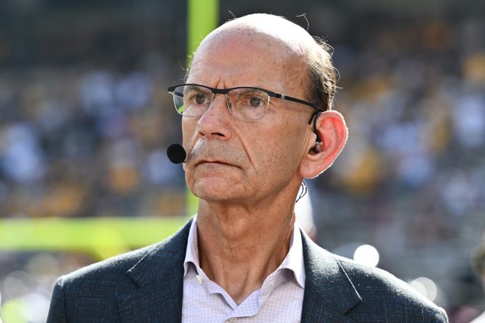 SEC Nation analyst Paul Finebaum looks on prior to the game between the Texas A&M Aggies and the Missouri Tigers at Kyle Field.