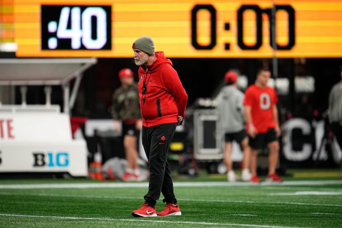 Ohio State Buckeyes defensive coordinator Jim Knowles watches practice for the College Football Playoff against the Notre Dame Fighting Irish at the Mercedes-Benz Stadium in Atlanta on Jan. 18, 2025.