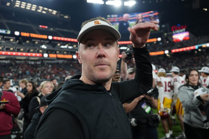 Southern California Trojans head coach Lincoln Riley reacts after the game against the Texas A&M Aggies at Allegiant Stadium.