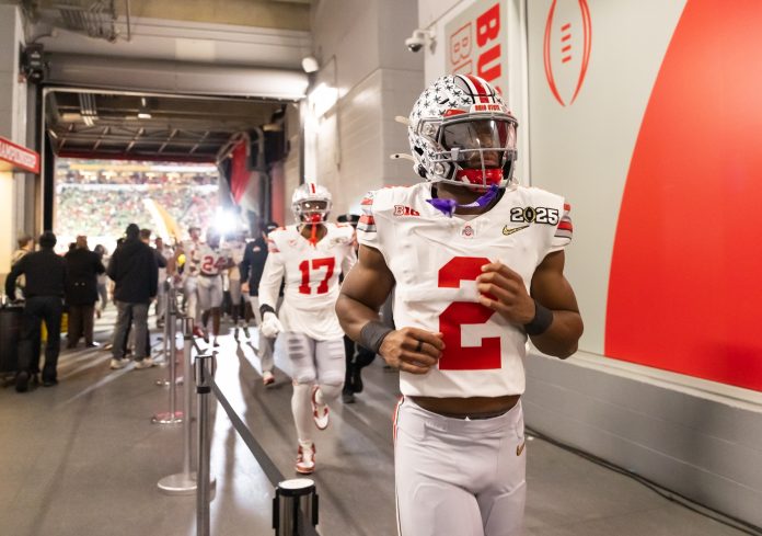 Ohio State Buckeyes safety Caleb Downs (2) against the Notre Dame Fighting Irish during the CFP National Championship college football game at Mercedes-Benz Stadium.