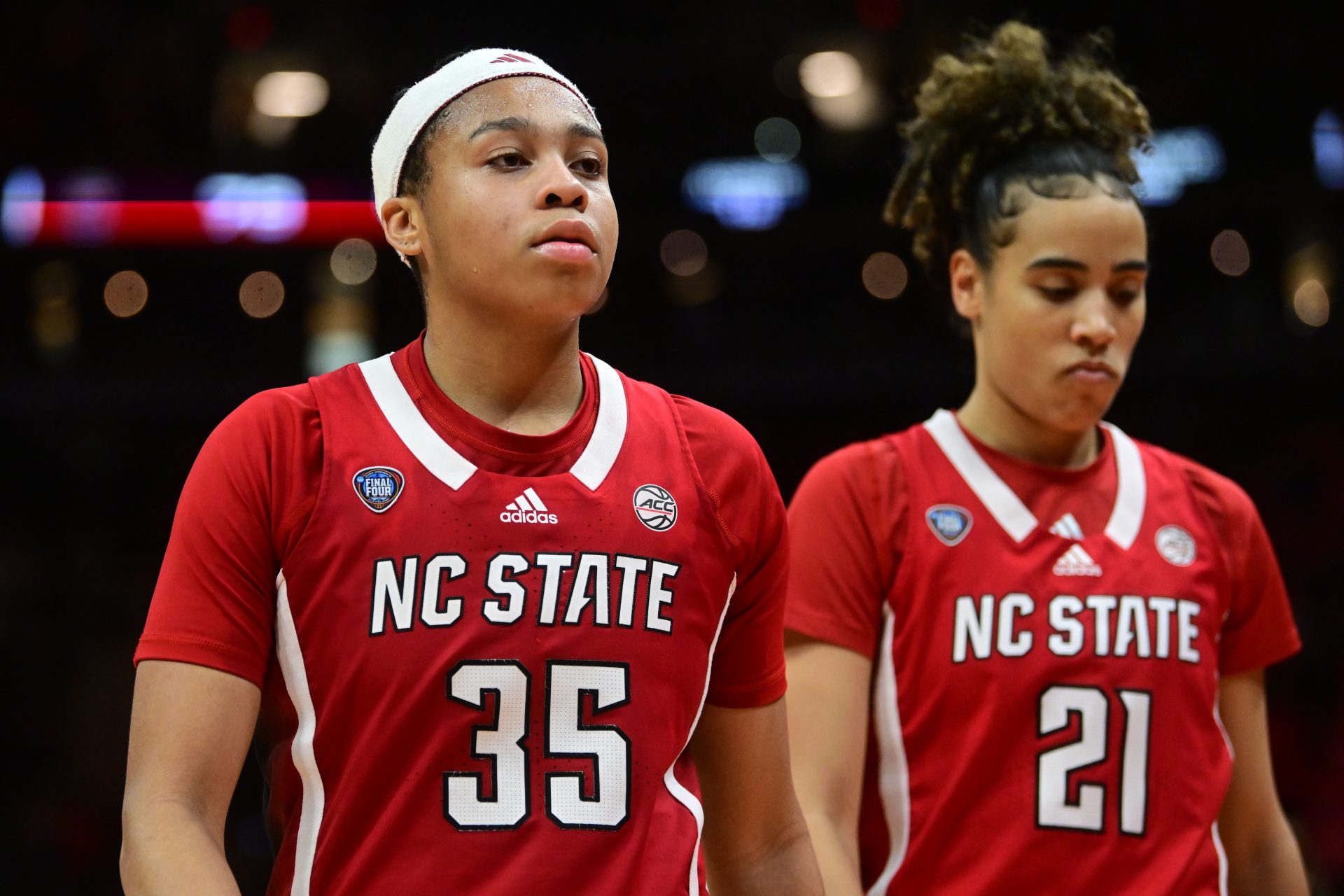 NC State Wolfpack guard Zoe Brooks (35) reacts after losing to the South Carolina Gamecocks in the semifinals of the Final Four of the womens 2024 NCAA Tournament at Rocket Mortgage FieldHouse.