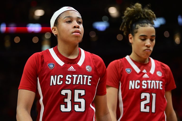 NC State Wolfpack guard Zoe Brooks (35) reacts after losing to the South Carolina Gamecocks in the semifinals of the Final Four of the womens 2024 NCAA Tournament at Rocket Mortgage FieldHouse.