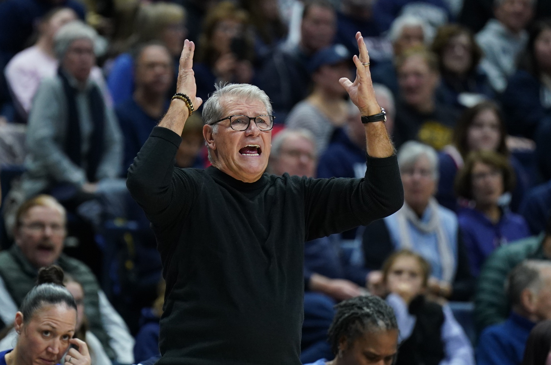 UConn Huskies head coach Geno Auriemma watches from the sideline as they take on the Villanova Wildcats at Harry A. Gampel Pavilion.