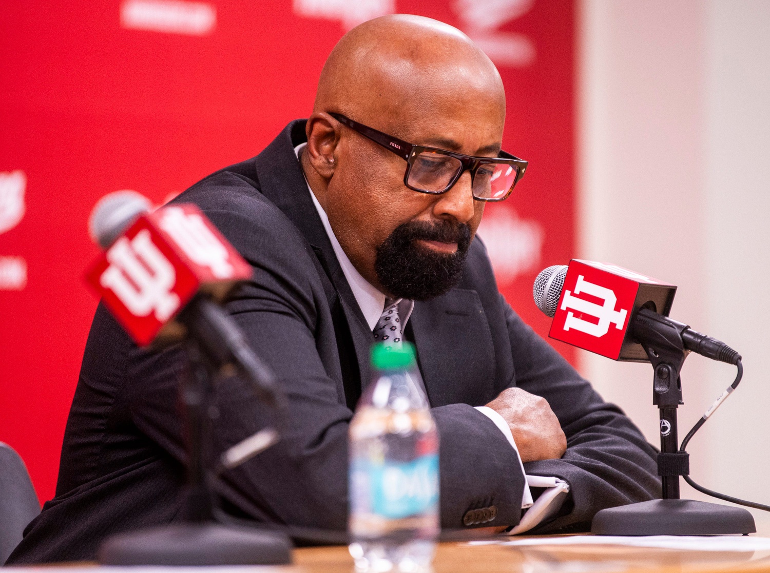 Indiana Head Coach Mike Woodson during the postgame press conference during the Indiana versus Michigan mens basketball game at Simon Skjodt Assembly Hall on Saturday, Feb. 8, 2025.