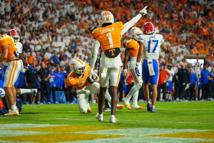 Tennessee defensive back Rickey Gibson III (1) points after a fumble during a NCAA football game between Tennessee and Florida in Neyland Stadium, in Knoxville, Tenn., Oct. 12, 2024.