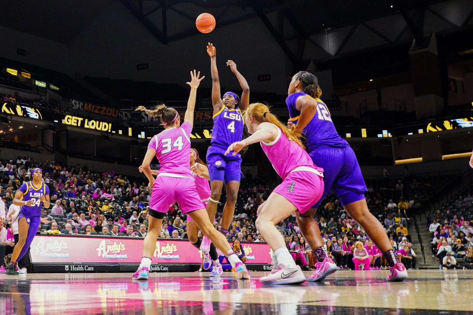 LSU Lady Tigers guard Flau'Jae Johnson (4) shoots over Missouri Tigers forward Hannah Linthacum (34) during the first half at Mizzou Arena.