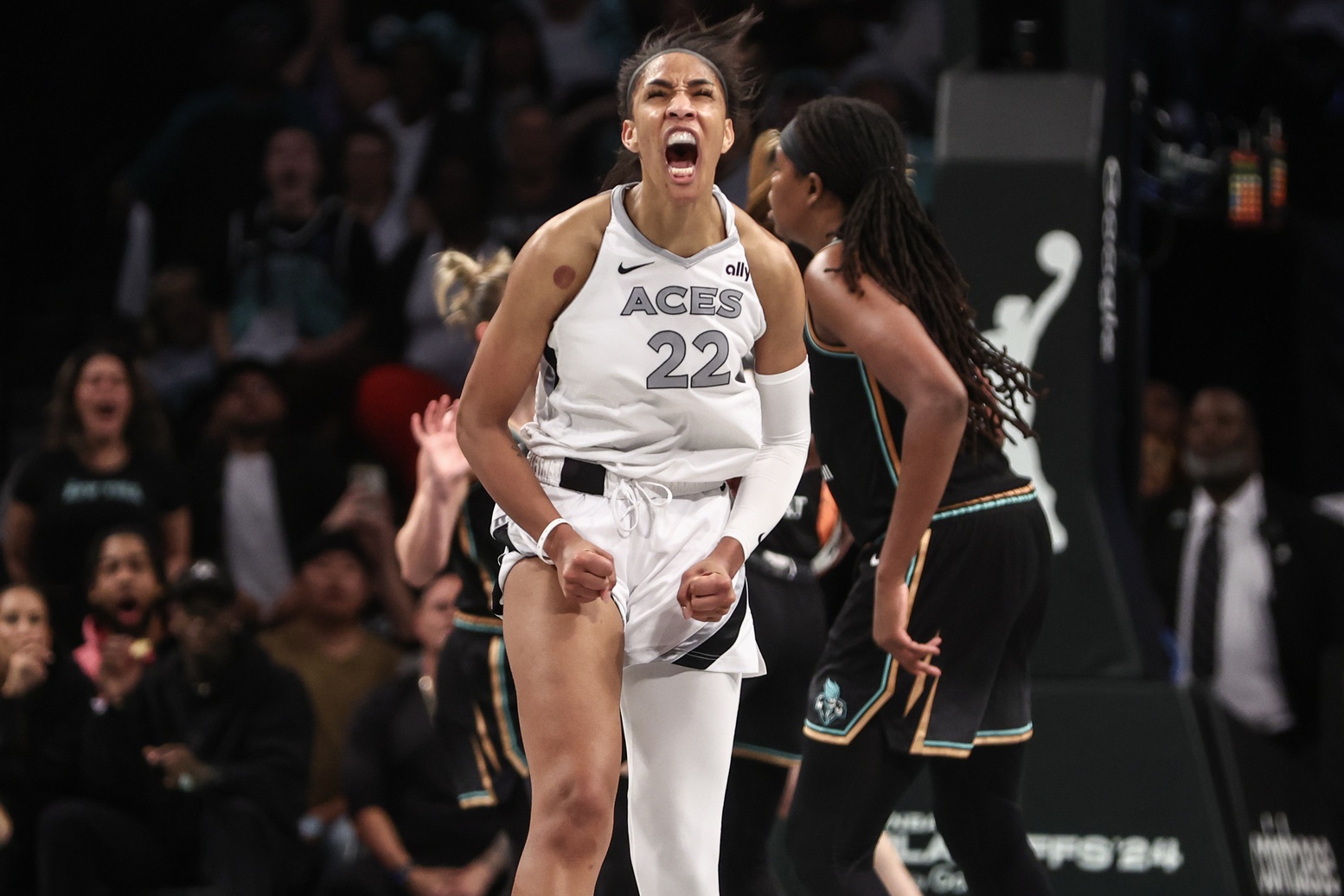 Las Vegas Aces center A'ja Wilson (22) reacts after missing a jump shot in the fourth quarter during game two of the 2024 WNBA Semi-finals against the New York Liberty at Barclays Center.