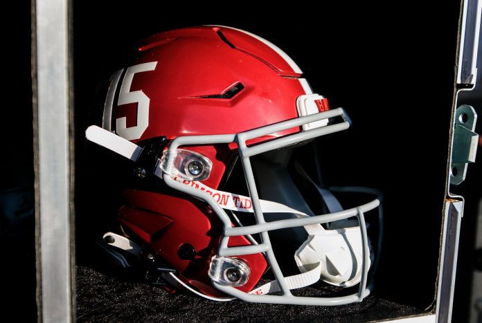 Alabama Crimson Tide helmet prior to a game against the Oklahoma Sooners at Gaylord Family-Oklahoma Memorial Stadium.