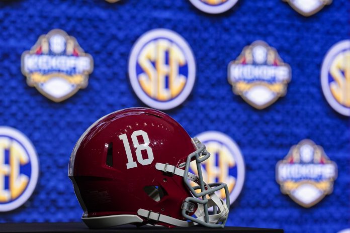 The Alabama helmet on the stage during the SEC Media Days at the College Football Hall of Fame.