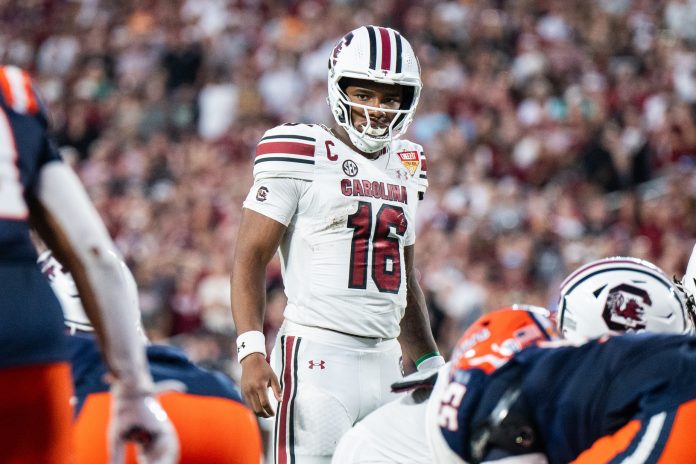 South Carolina Gamecocks quarterback LaNorris Sellers (16) before the play call against the Illinois Fighting Illini in the fourth quarter at Camping World Stadium.